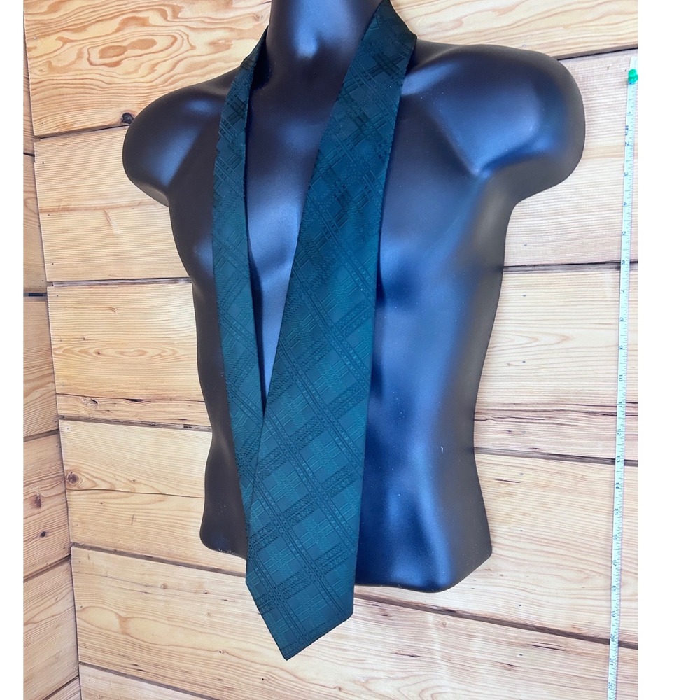 Vintage Pierre Currie Mens Forest‎ Green Textured Plaid Necktie Made in Canada